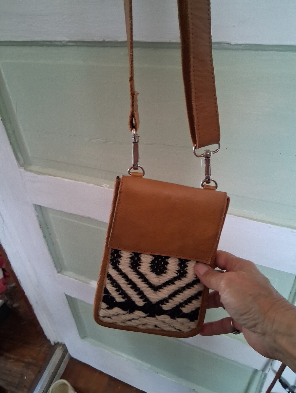 Tan Crossbody Bag with Black & Cream Woven Front